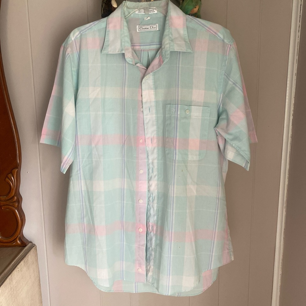 Dior Men’s Pastel Plaid Short-Sleeve Shirt - Mint & Pink